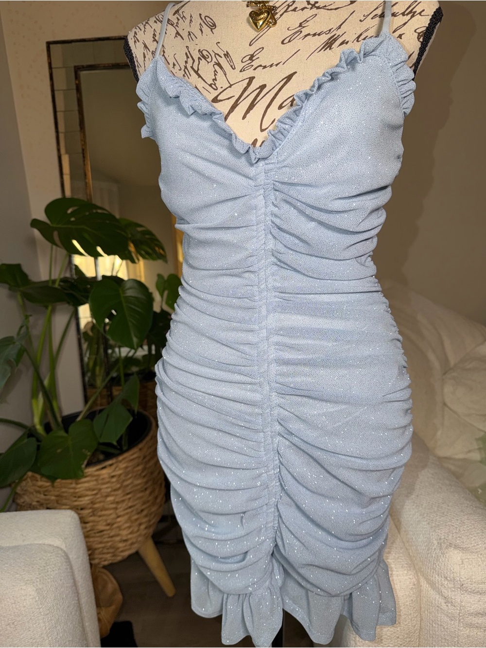 Windsor Light Blue Sparkle Ruched Mini Dress - Picture 4 of 9